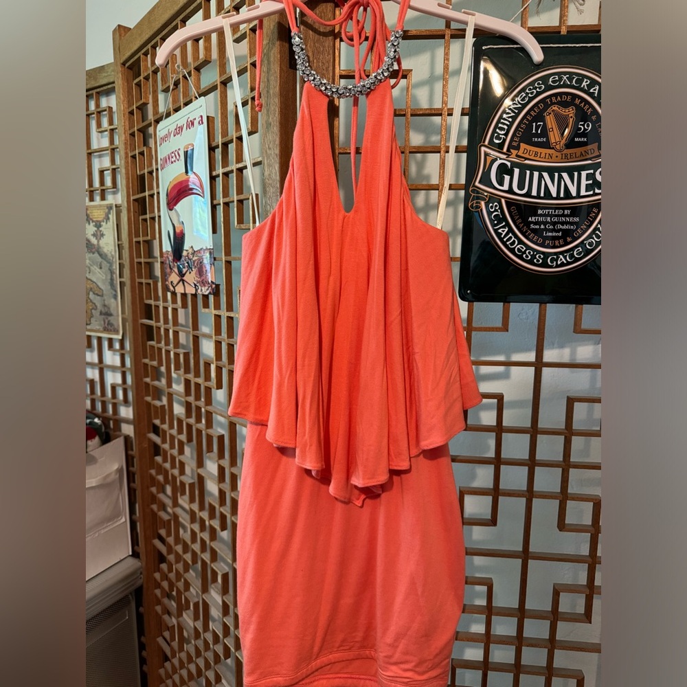 Sexy coral rhinestone collar club dress - size S